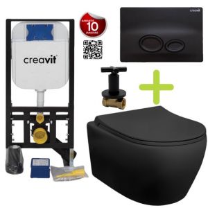 Creavit toilet set Black - Hanging toilet Aloni with bidet black matt bidet incl. soft close toilet seat AL6612 + GR5003 + GP2002 + TM69220B