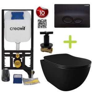 Creavit toilet set Black - Rimless Freedom hanging toilet with bidet black matte bidet incl. soft close toilet seat FE322-00SM00E-0005 + GR5003+ GP2002+ TM69220B