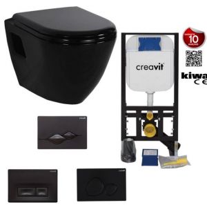 Creavit Hanging toilet set Gloss Black Creavit tp325 black Concealed cistern, bidet tap and control panel black toilet seat soft close. TP325-50SI00E-0005 - KC4080.SO - GR5003